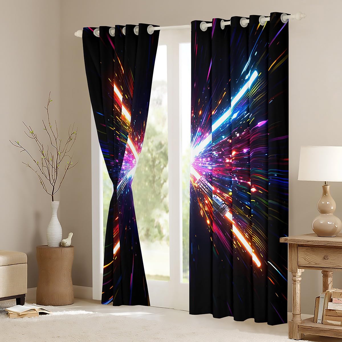 Loussiesd Tende oscuranti con stampa di luci al neon, tenda colorata con galassia, tecnologia futura, oscurante, per camera da letto e bambini, tendaggi per finestre, 116,8 x 137,2 cm (larghezza x