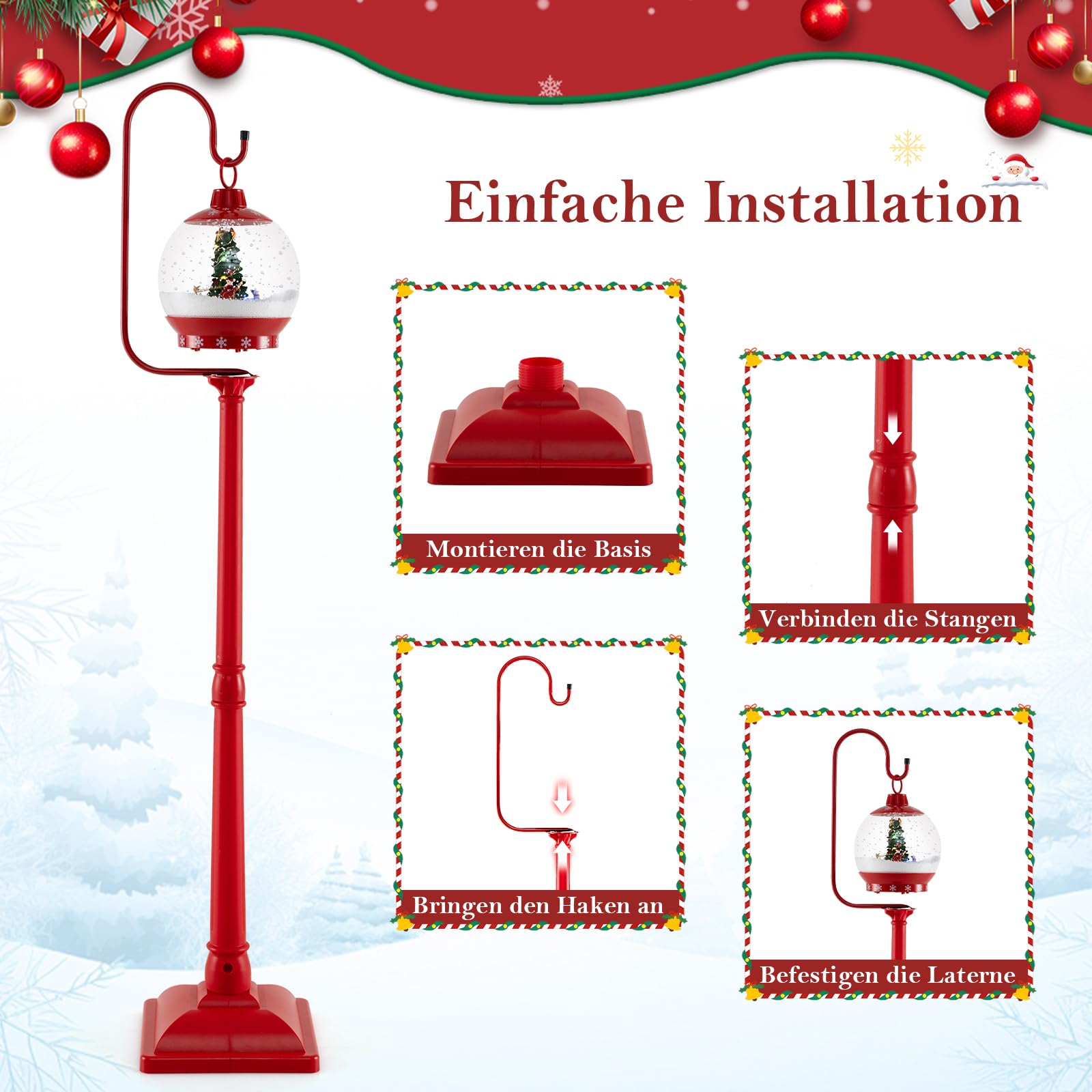 GYMAX 170 cm Weihnachten Wegeleuchte, Weihnachtslaterne mit LED-Licht & Musik, Weihnachtsstraßenlampe mit Schneefunktion, Weihnachtsdeko für Zuhause & Veranda