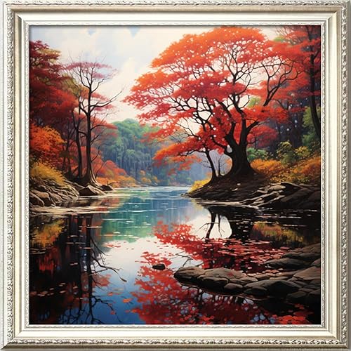 Leczany Kit de estampado de punto de cruz para adultos o niños, hermoso paisaje junto al río, patrones de bordado de bricolaje, kit de manualidades