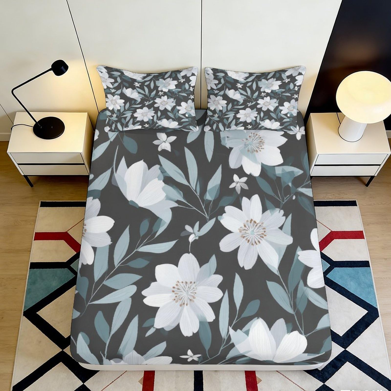 3D Printed White Magnolia Fitted Sheet Microfiber Soft Anti-Slip Grey Botanical Mattress Cover for Bedroom Guest Room Decor 90x200x25cm