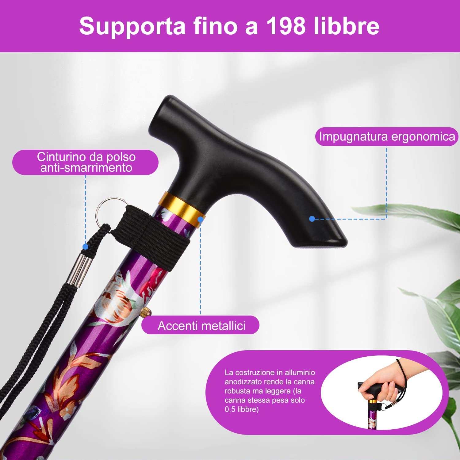 supregear Bastone Pieghevole, Regolabile per Anziani e Adulti, Ausilio per la Mobilità Uomo Donna, Portatile da Viaggio con Cinturino da Polso e Manico a T - 4