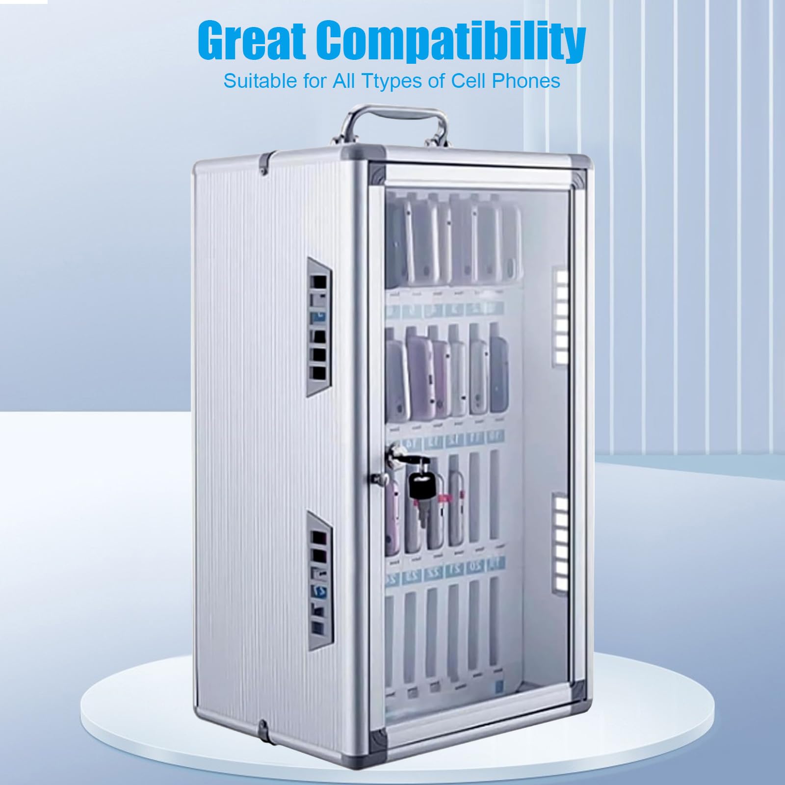 Caja fuerte para teléfono móvil con cerradura con llave, transparente, 36 ranuras, portátil o montado en la pared, plata, 315 x 195 x 495 mm, para escuela y hotel, caja fuerte para teléfono