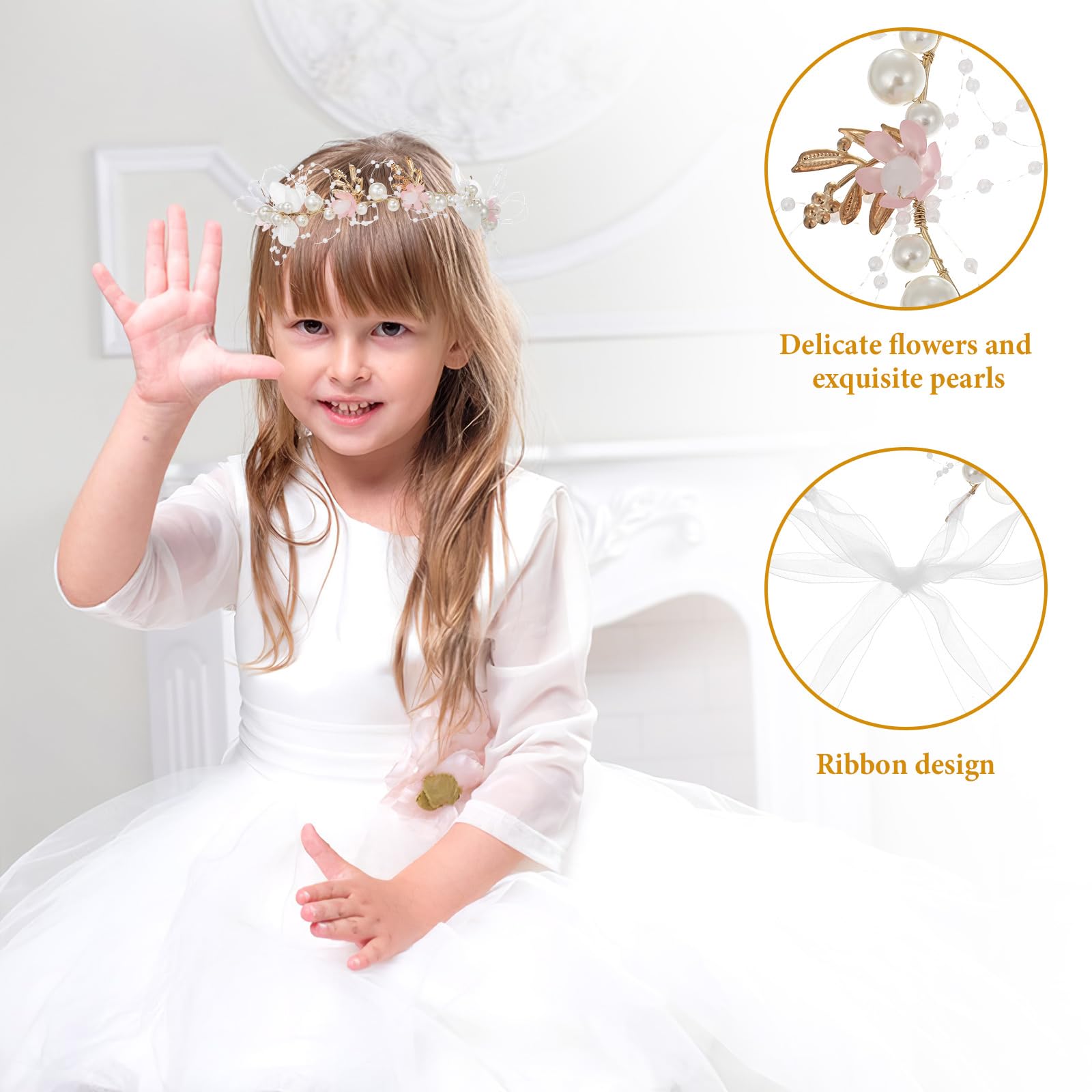 Healeved Pearl Flower Girl Hairband Floral Headpiece with Ribbon Lightweight Wedding Hair Accessory for Girls Party Special Occasions - Image 3