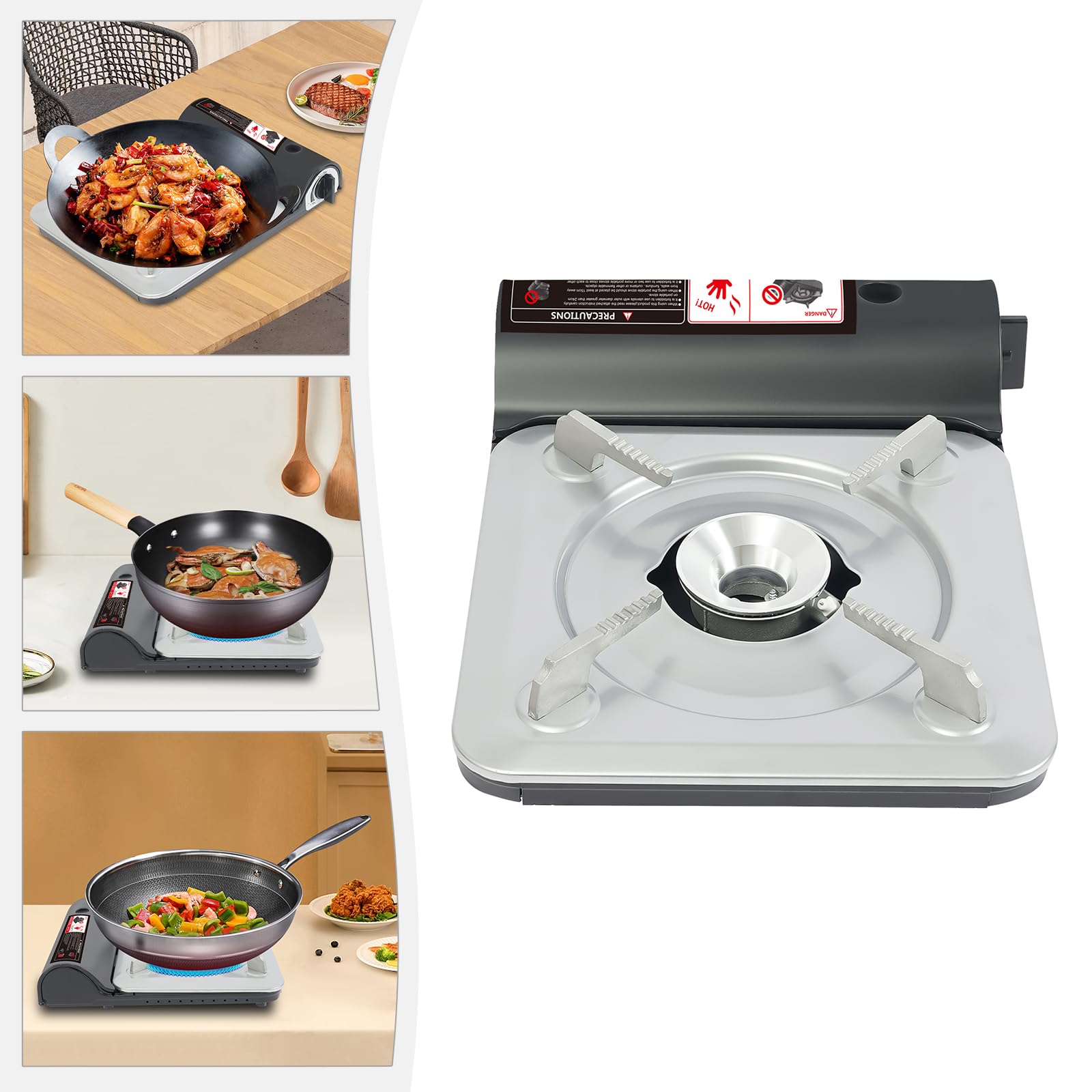 Réchaud de camping au butane avec étui portable, 3500 W haute puissance barbecue grill pour randonnée, fêtes de plage et cuisine en plein air (argent + noir)