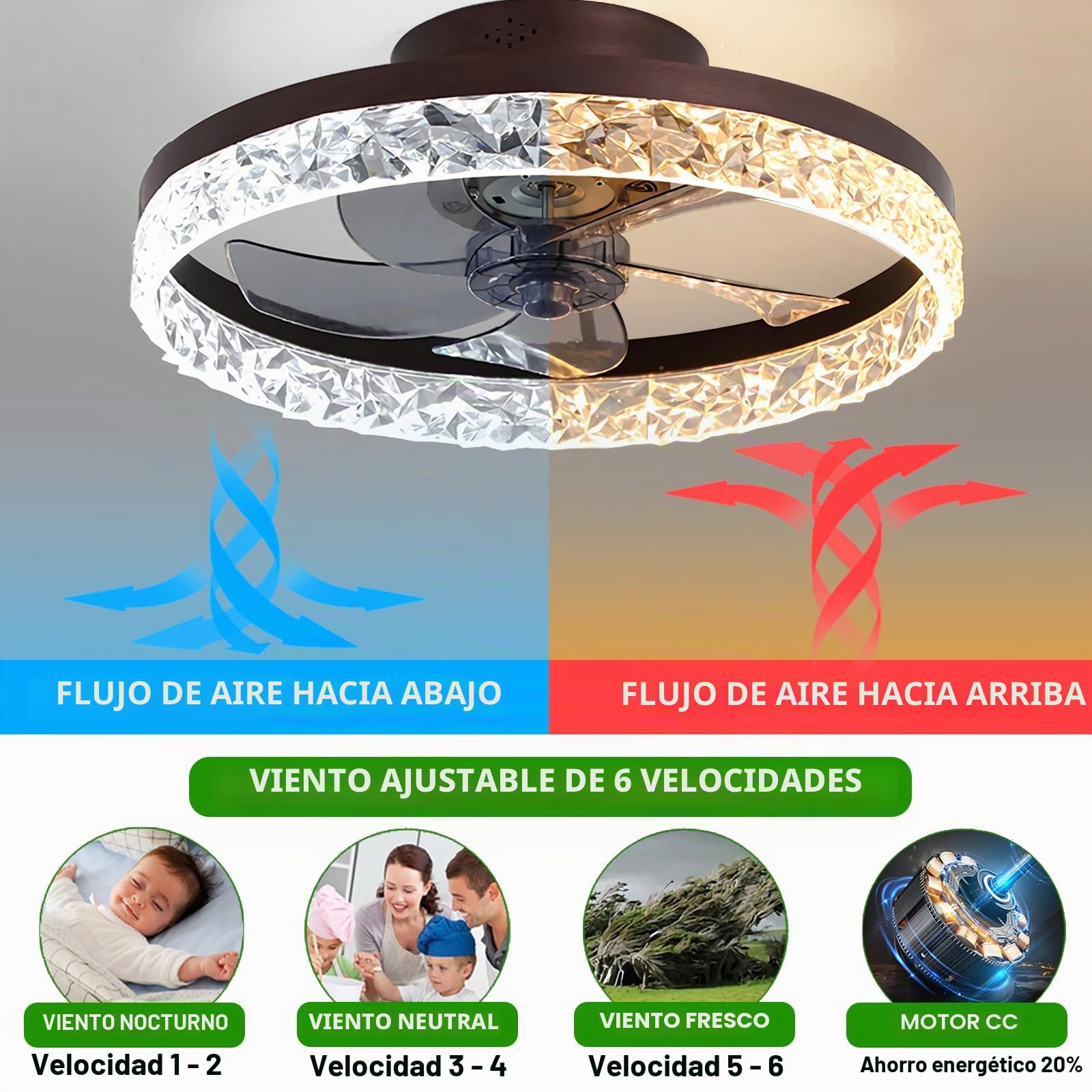 30W Ventiladores de techo con iluminación Control remoto, Luces modernas Luz de techo del ventilador LED Regulable Lámparas para dormitorio Sala de estar, 6 velocidades (Blanco, 50CM)