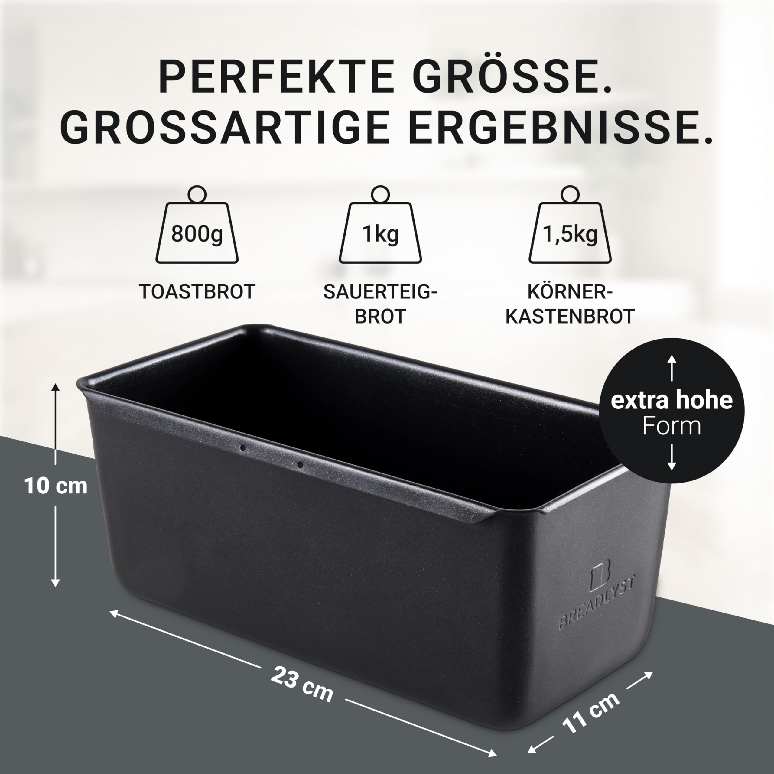 BREADLYST® Premium Brotbackform mit Deckel – Extra hohe Kastenform, Toastbrot-Backform aus Kohlenstoffstahl mit Antihaftbeschichtung, Brot backen Zubehör, Hitzebeständig bis 260 °C (23 x 11 x 10 cm)