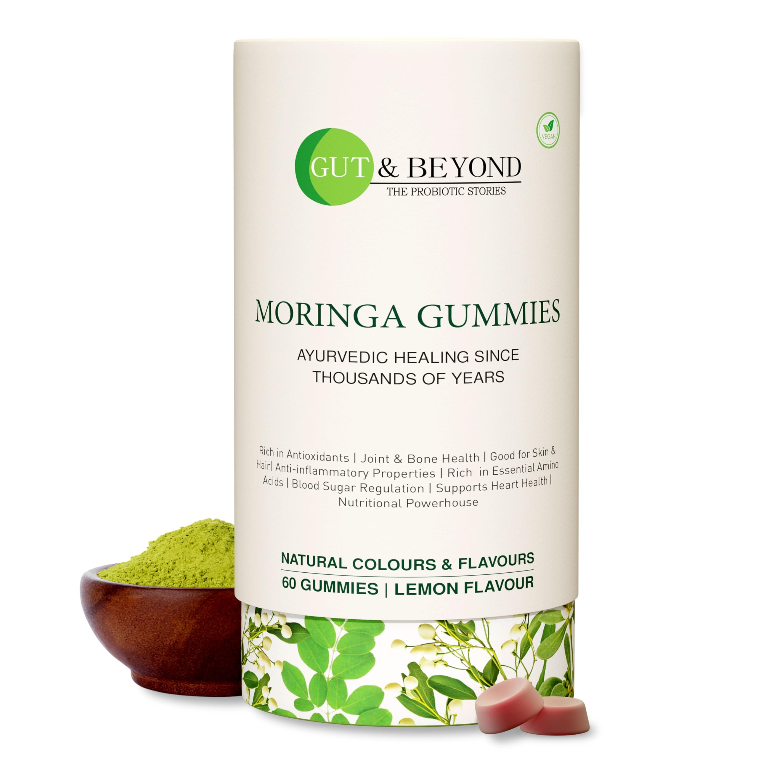 Gut & Beyond Moringa Gummies for Skin, Eye, Hair Gummies for Vitality, Boosts Brain Function & Immunity, Hormonal Balance, Heart, Liver & Bone Health with Vitamins A, C, E, Lemon Flavour, 60 Gummies
