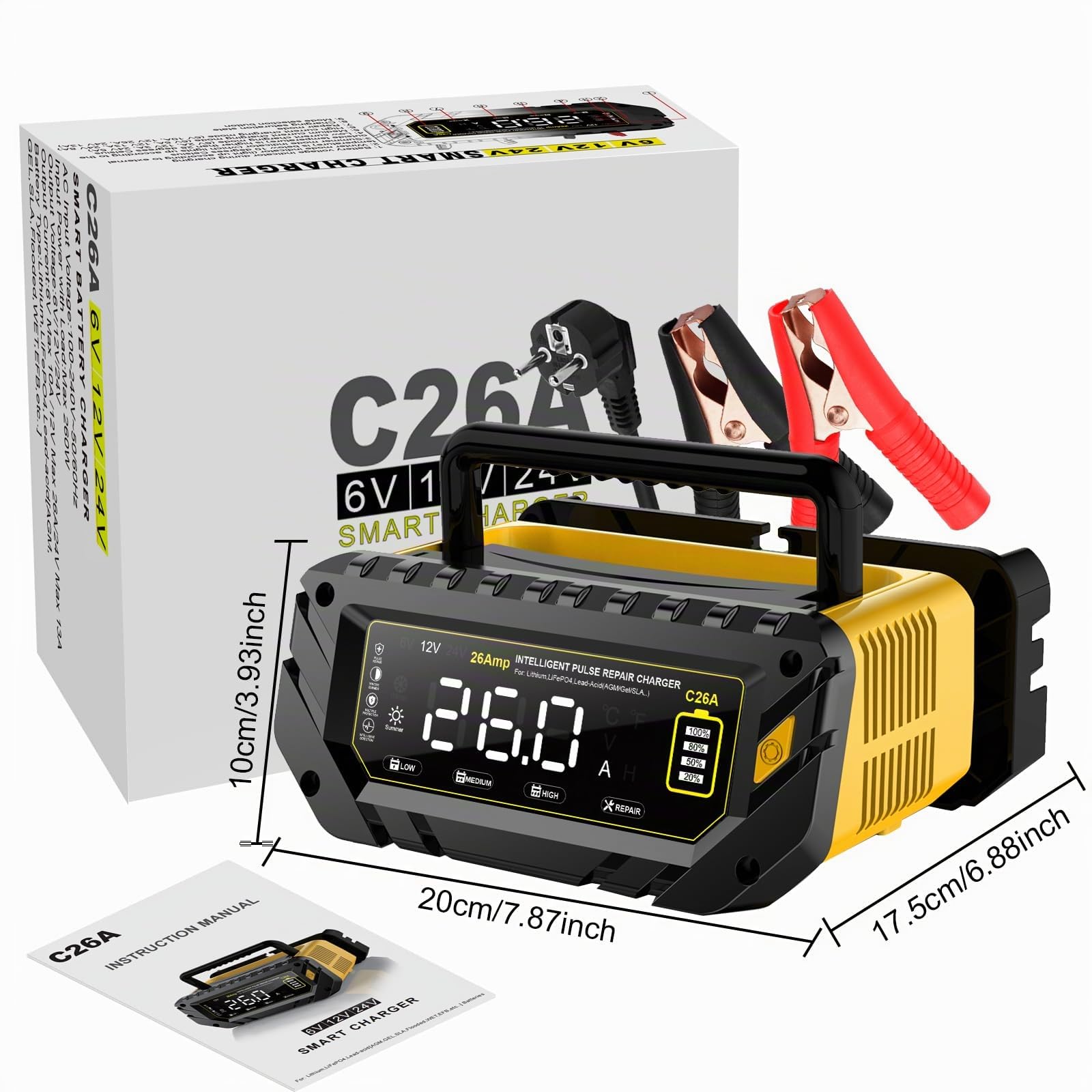 Haistio Chargeur intelligent 26A, 6V/12V/24V, écran LCD, entretien, charge d'entretien et sulfatation pour AGM, lithium, LiFePO4, acide plomb (moto, camping-car)