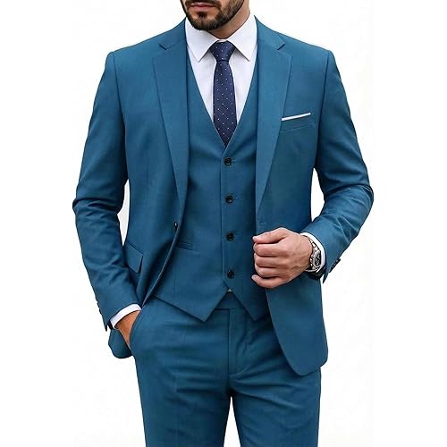 MY'S Men's 3 Piece Suit Set with Tie, One Button Slim Fit Solid Jacket Vest Pants, Prom Party Wedding Business Suits for Men