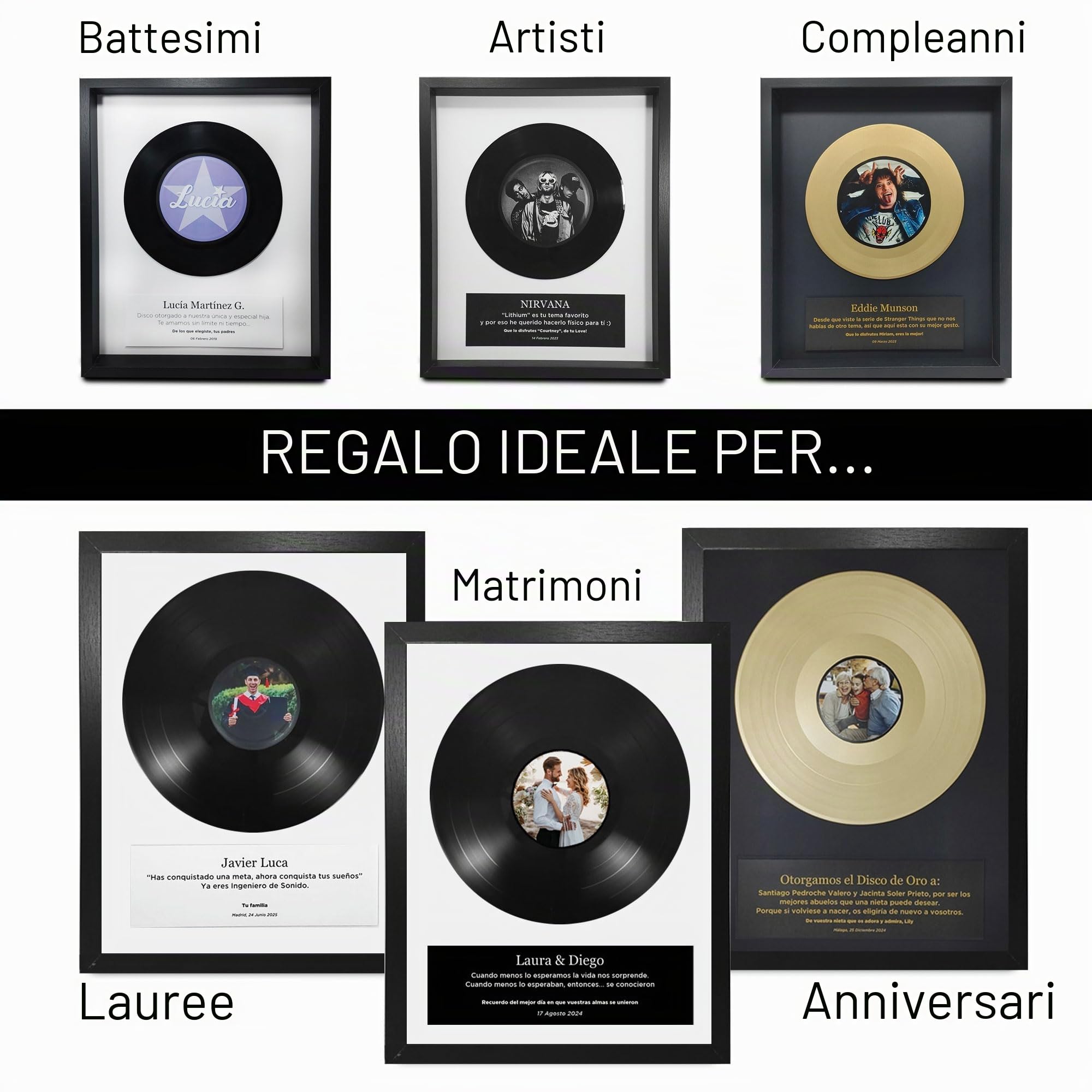 Cornice decorativa, regalo originale personalizzabile. Disco in vinile dorato 10" con foto e messaggio su quadro in legno e vetro. Da appendere o posizionare (30 x 40 cm)