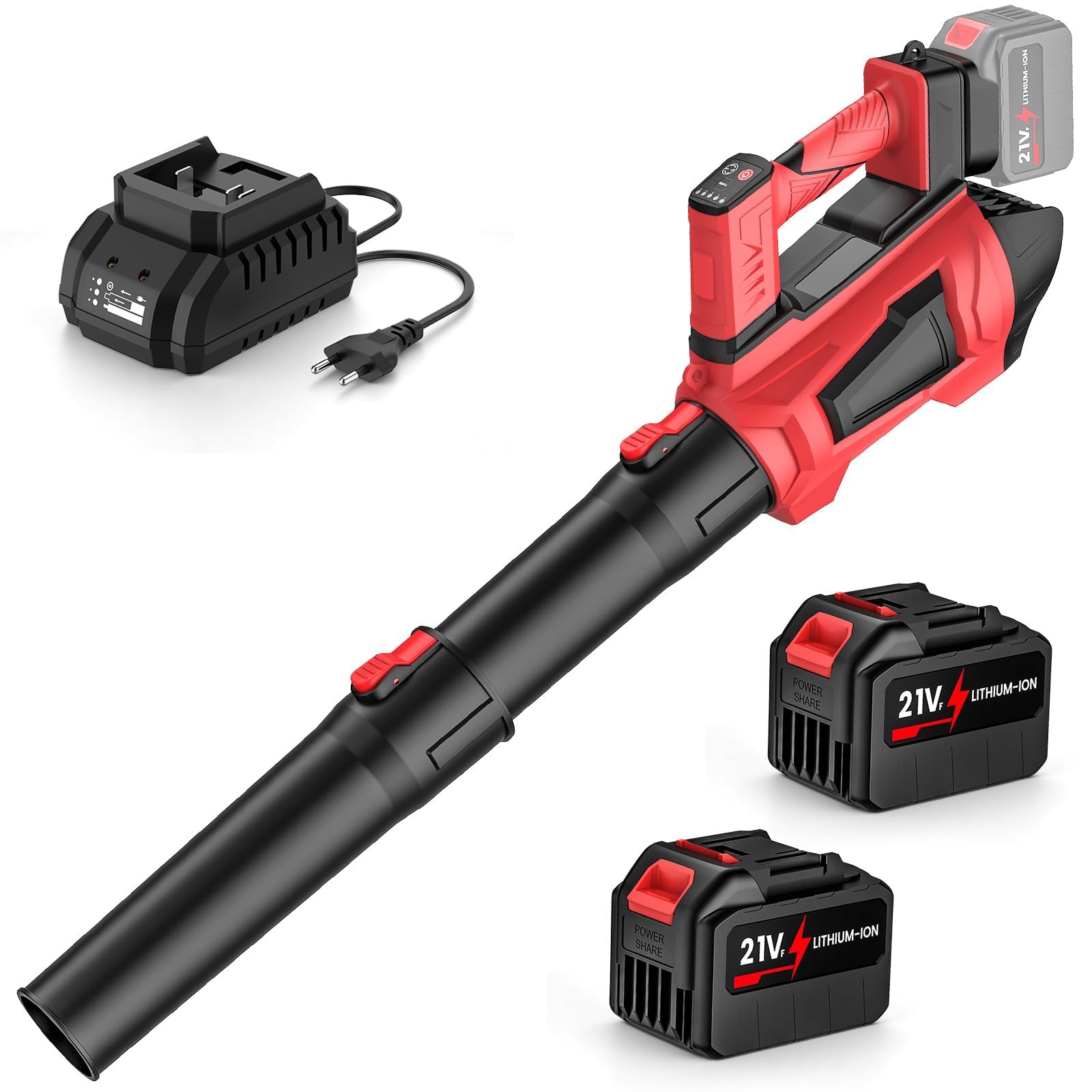 Soplador de Hojas a Batería 21V con 2X 4.5Ah Baterías, Motor sin Escobillas 360 km/h, 5 Velocidades y Modo Turbo, 3 Tubos, Correa, Soplador de Aire Potente para Jardín, Nieve, Polvo, Compatible 18V