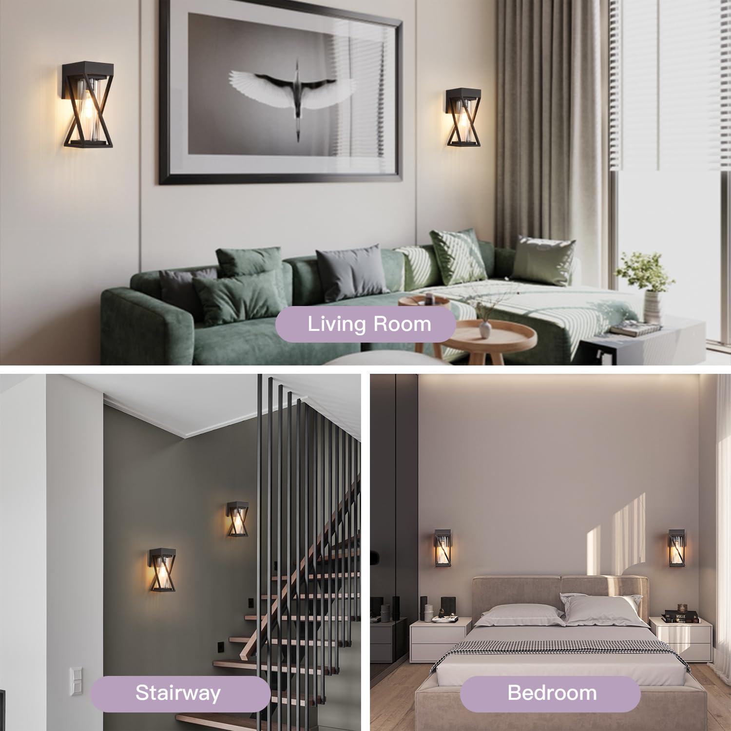 Smeike Modern Wall Lights Set of 2, Outdoor/Indoor Wall Scones, Black Vanity Wall Lanterns Light Fixture, Exterior Wall Light with Clear Stripe Glass for Porch, Garage, Outside House