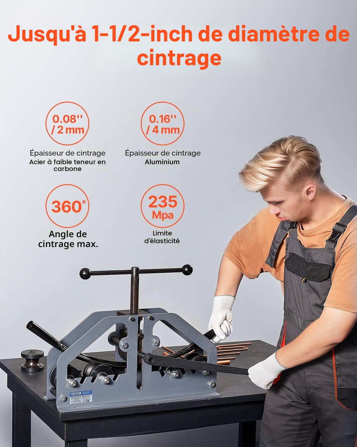 VEVOR Cintreuse de Tubes Manuelle, 38 mm, Cintreuse de Tuyaux en Cuivre à Rouleaux, avec 6 Matrices, Outil de Cintrage de Tuyaux en Aluminium à 360°, pour Réparation Automobile Climatisation CVC