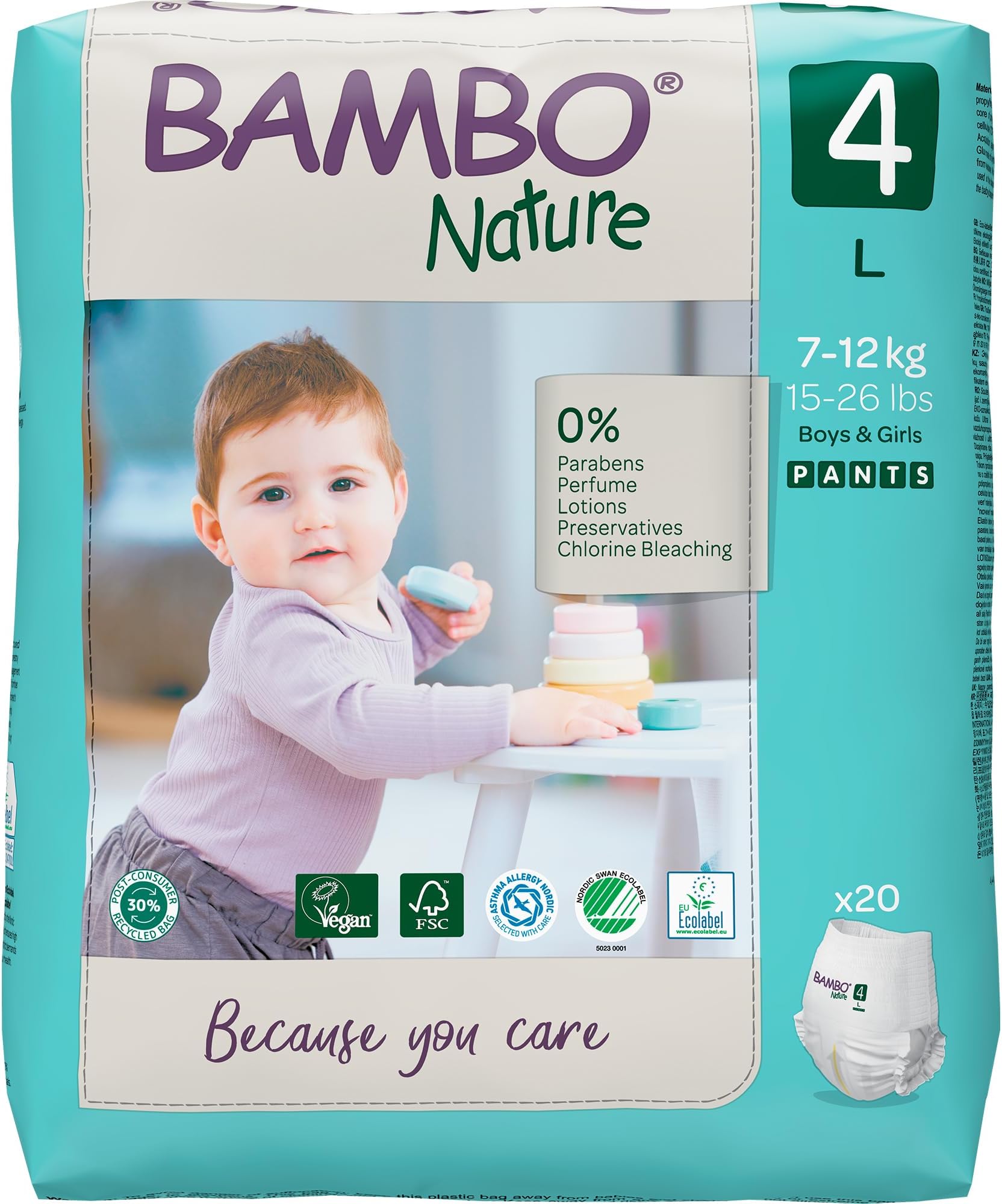 Bambo Nature Premium Baby Pants Diapers for Kids Large Size (7-12 Kgs), Super Absorbent, Breathable, Extra Soft, Dermatologically Tested, Hypoallergenic Infant Nappies With Wetness Indicator, 20 Count