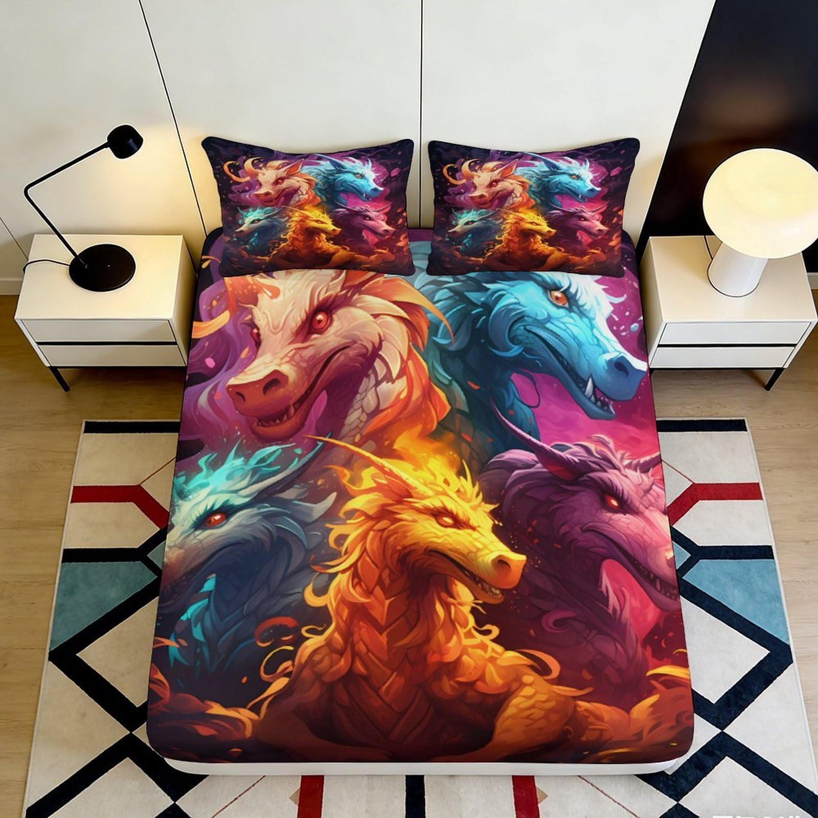 3D Printed Fire Dragon Fitted Sheet Microfiber Soft Vibrant Fantasy Beast Mattress Cover for Bedroom Dorm Bed Decor 90x200x25cm