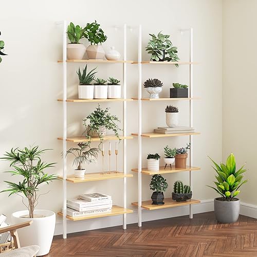 Miniatura 2 de SogesHome Estantería industrial de escalera para montar en la pared, estantería moderna de 5 niveles con marco de metal industrial, estantería para