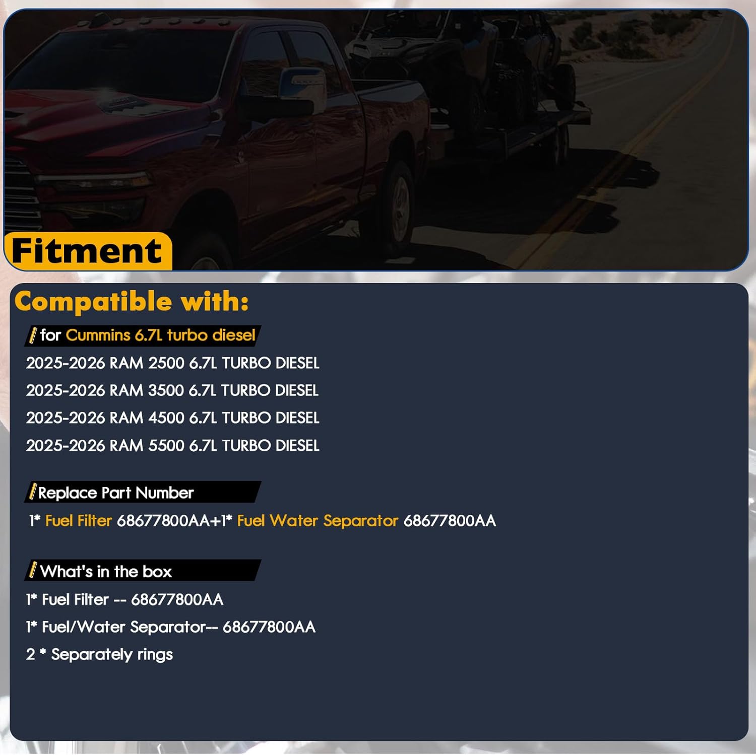 68677800AA Fuel Filter Water Separator Compatible with 2025 2026 Dodge Ram 2500 3500 4500 5500 6.7L Cummins Turbo Diesel Engines