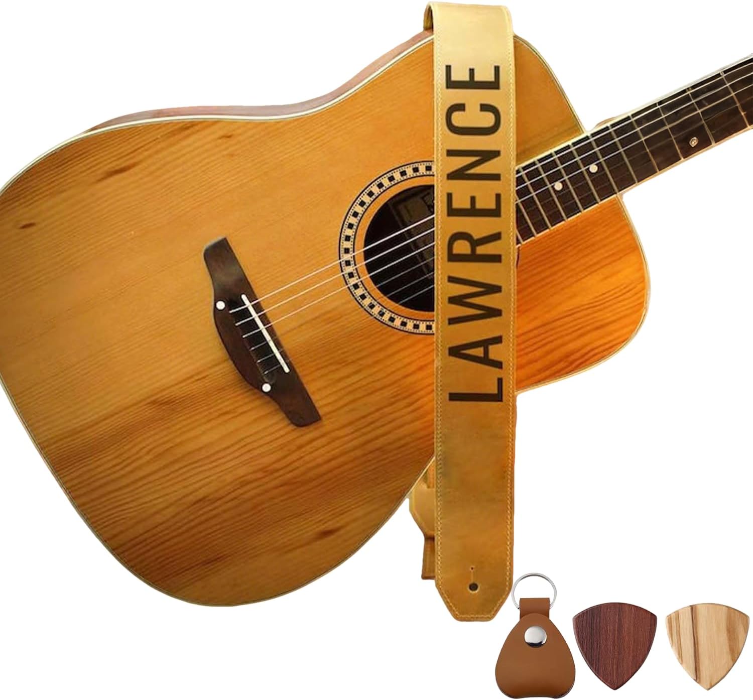 Custom Leather Guitar Straps, Personalized Engraved Name Guitar Straps with 2 Picks & Pick Holder Case Set, Adjustable Guitars Body Strap for Electric, Acoustic, Bass Guitarist