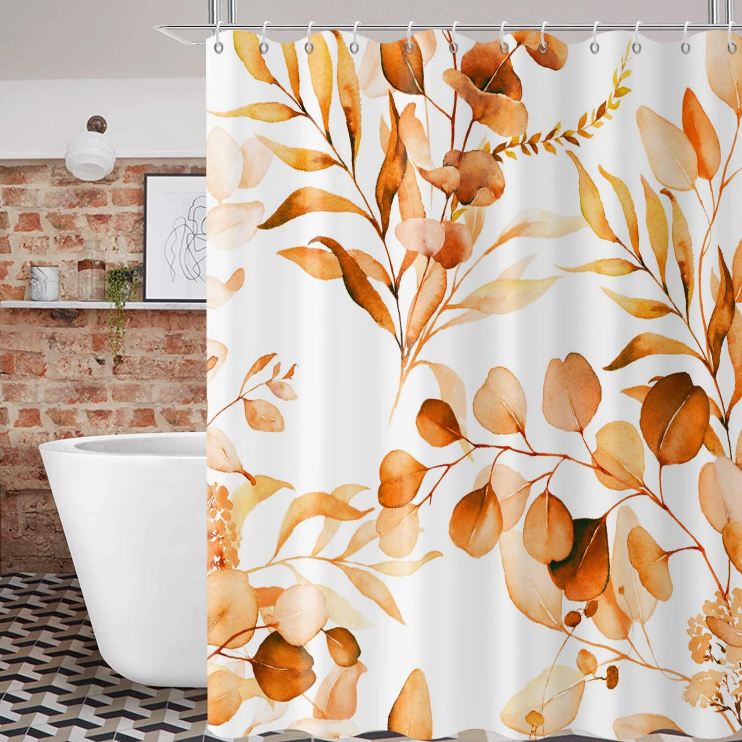 GCIREC Orange Eucalyptus Leaf Stall Shower Curtain, Orange Botanical Watercolor Plants Bathroom Curtain Bathtub Home Decor Waterproof Fabric Machine Washable with 12 PCS Hooks,152x180cm