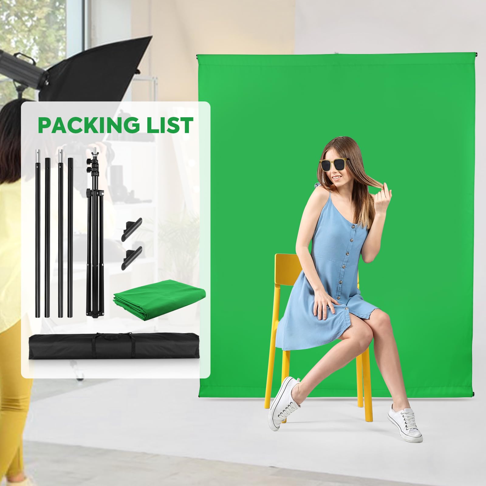 Greenscreen con supporto, 2,6 x 2 m, supporto per sfondo fotografico con Chromakey, per YouTube, video, studio fotografico, streaming, giochi, TikTok