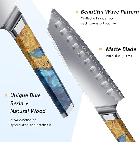Miniatura 4 de FINTISO Santoku - Cuchillo de cocina de 7 pulgadas, núcleo de acero en polvo S35VN para carnes y verduras, cuchillo de chef japonés de acero