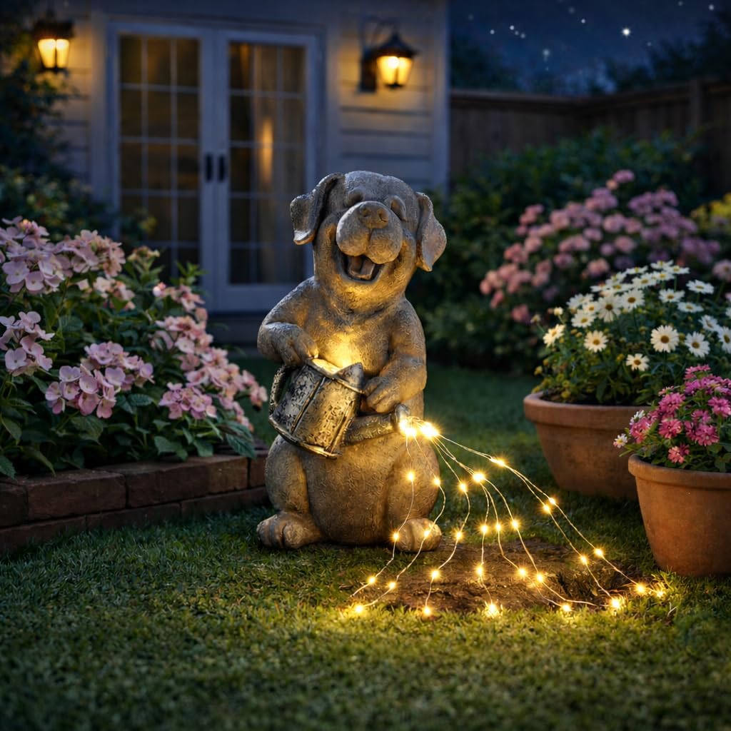 Lavezee Dog Statues Outdoor with String Lights for Garden Decor, Dog Garden Statue for Patio Lawn Porch Walkway Yard Decoration, Ideal Gifts for Dog Lovers Women Mom Grandma
