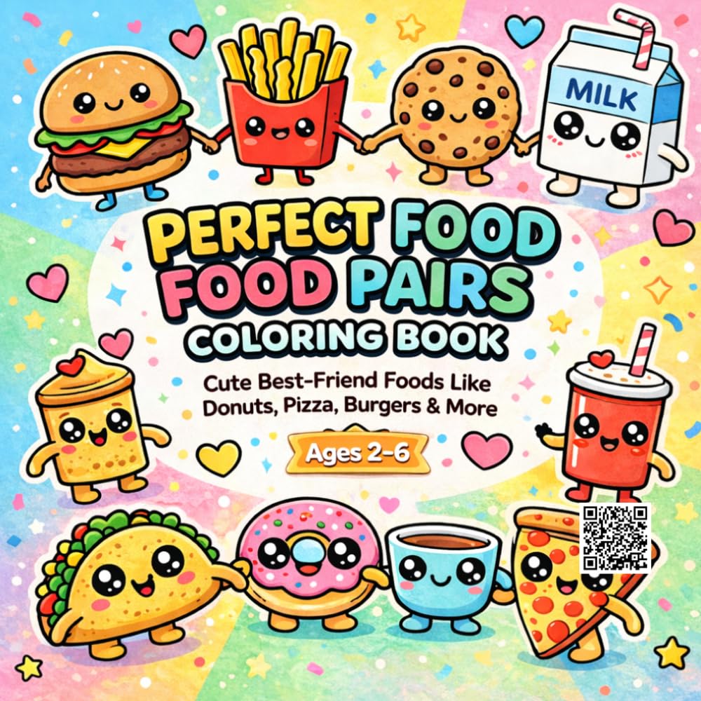 Perfect Food Pairs Coloring Book: Cute Best-Friend Foods Like Donuts, Pizza, Burgers & More for Kids Ages 2–6 (HappyCanvas Cute & Easy Coloring Books)
