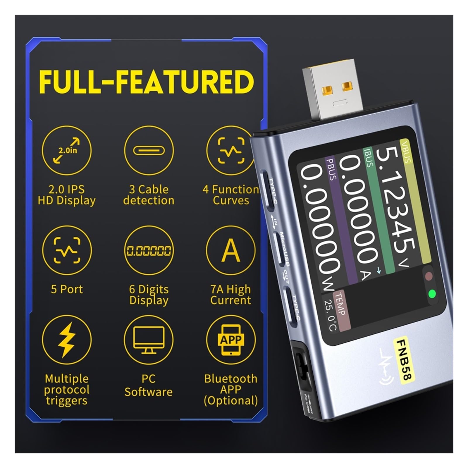 Tester USB,Tester kabla USB, FNB58 FNB48 Tester USB woltomierz amperomierz szybkie wykrywanie ładowania wyzwalacz detektor napięcia narzędzie do pomiaru pojemności baterii do sprawdzania pojemności, c