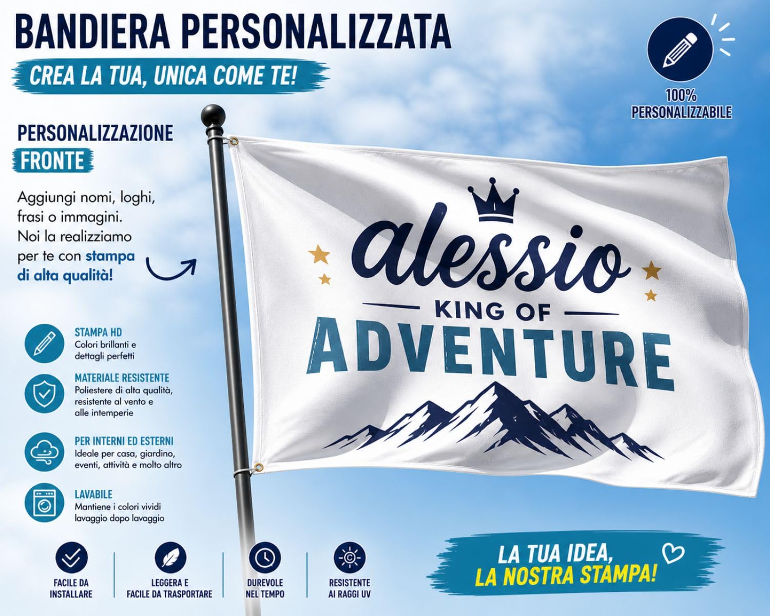Bandiera Personalizzata - Personalizza Ora la tua bandiera - Inserisci testo, foto e/o immagini - 100% made in italy