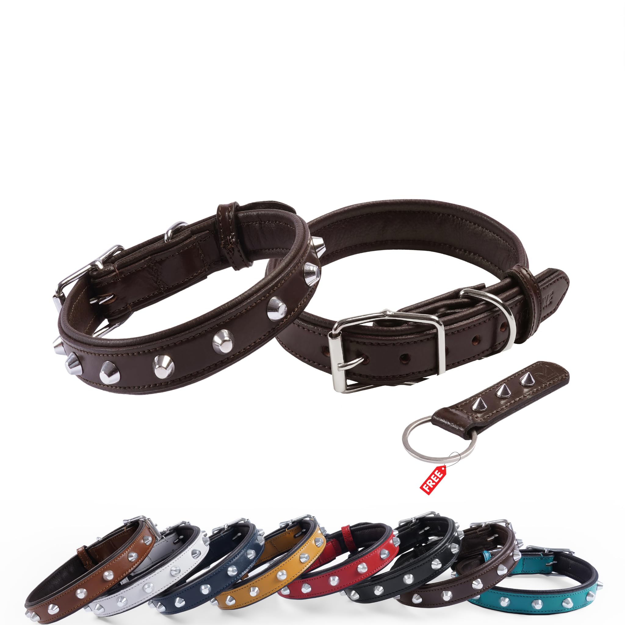 REDLUXE Genuine Leather Studded Dog Collar, Soft Padded Adjustable Pet Collar with Heavy Duty Buckle & D-Ring, Luxury Leather Collar for S, M & L Dogs, Includes Free Matching Keyring (BROWN, XL)