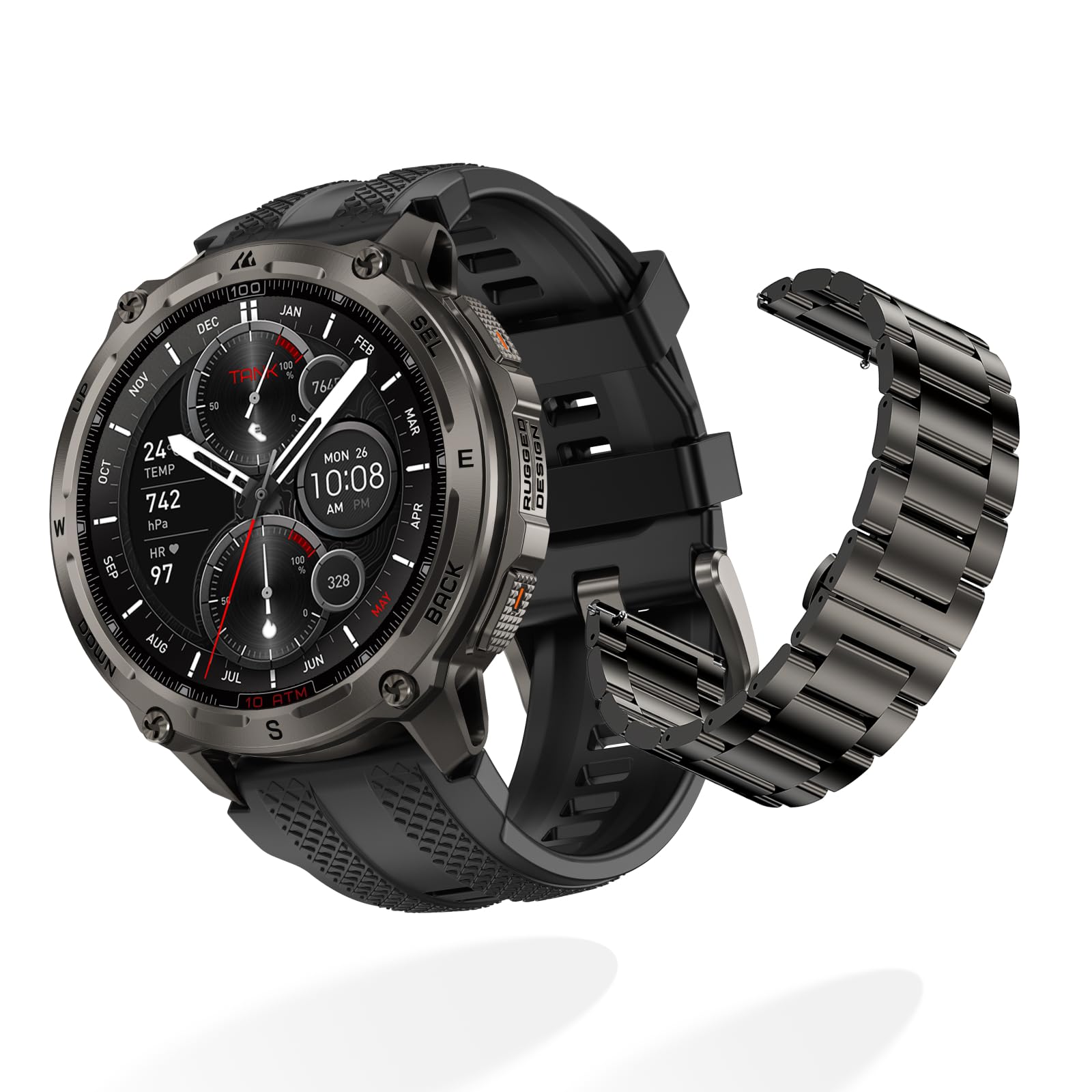 KOSPET Tank T4 GPS Smartwatch con 2 Correas (1 de Acero Inoxidable), Ideal para Uso Diario y Deporte, con Cambio rápido (Nero)