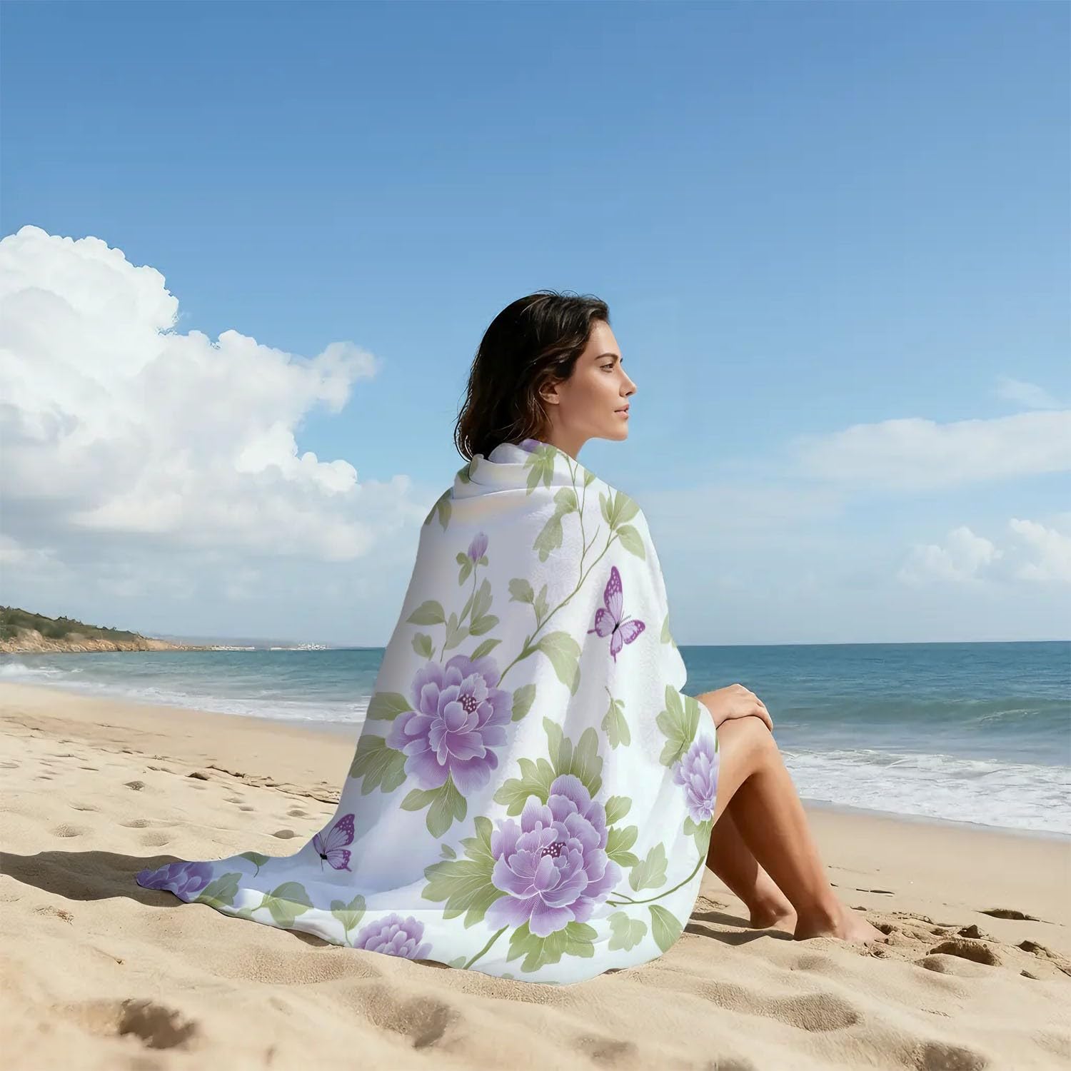 Générique Grande Serviette de Plage 230 x 210 CM,Drap de Plage Microfibre,Couverture de Plage Absorbante Rapide pour Classique, Néo-Chinois, Élégant Motifs Floraux, Papillons en Vol