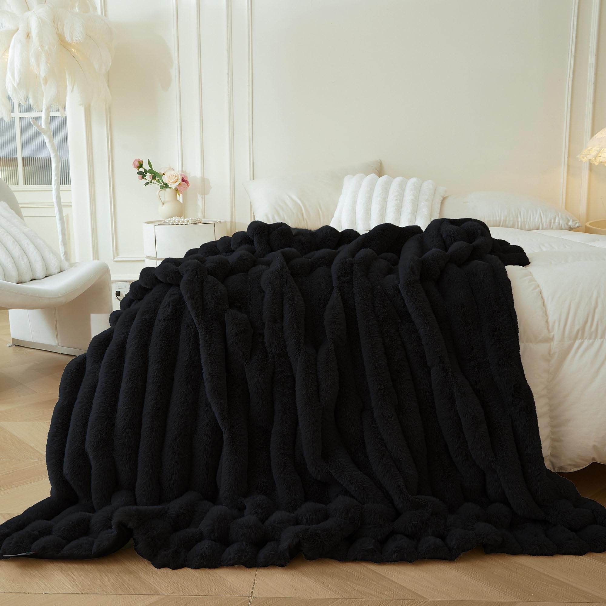 MEGO Fluffy Faux Rabbit Fur Bed Blanket, Soft Wide Stripe Plush Fuzzy Throw for Couch Sofa, Decorative Shaggy Throw Bedroom Living Room, Large Aesthetic Blanket for Kids Teens Adults, 60x90, Black