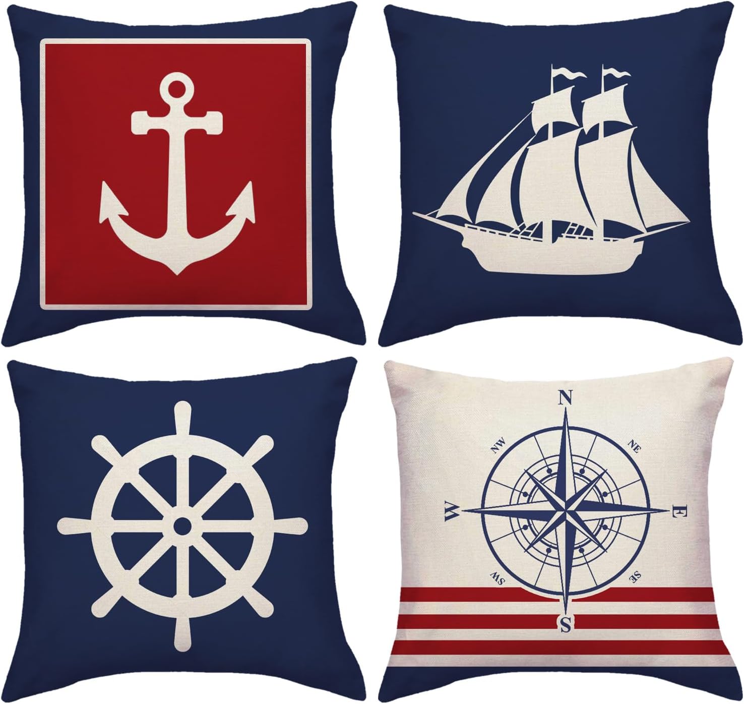 summer nautical throw pillow covers anchor sailboat compass rudder coastal ocean decorative pillow cases navy blue home decor cushion covers 18x18 inches 4pack for couch sofa porch (navy/red) navy/red 18" x 18" (pack of 4)