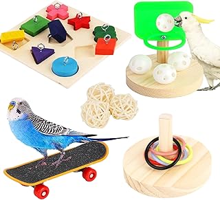 4 Pieces Parrot Toys Set Budgies Training Toy Bird Educational Interactive Toy Including Block Recognition Basketball Stacking Toy Skateboard for Cockatiel Parakeet