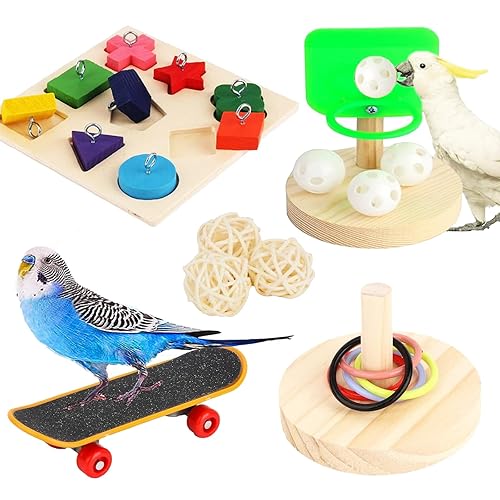 WishesMar 4 Pieces Parrot Toys Set Budgies Training Toy Bird Educational Interactive Toy Including Block Recognition Basketball Stacking Toy Skateboard for Cockatiel Parakeet - Parrot Training Toys Set #01