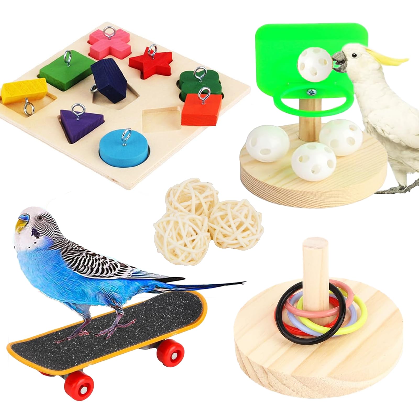 Set di 4 Giocattoli Pappagalli Giochi da Addestramento per Uccelli Pappagallino Ondulato - Scooter Basket Anello Impilabile Riconoscimento dei Blocchi di Legno Giocattolo per Calopsitta