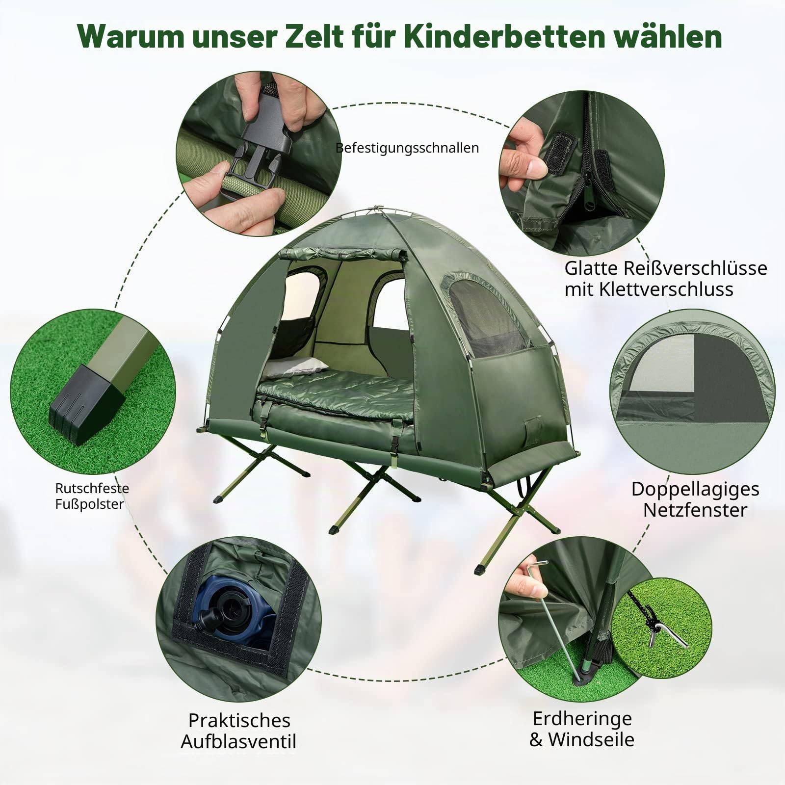 HOMASIS Campingzelt mit Feldbett, Campingbett mit Sonnendach, Kuppelzelt mit Luftmatratze & Schlafsack, Zelt mit Tragtasche für eine Person, Metallrahmen, Grün