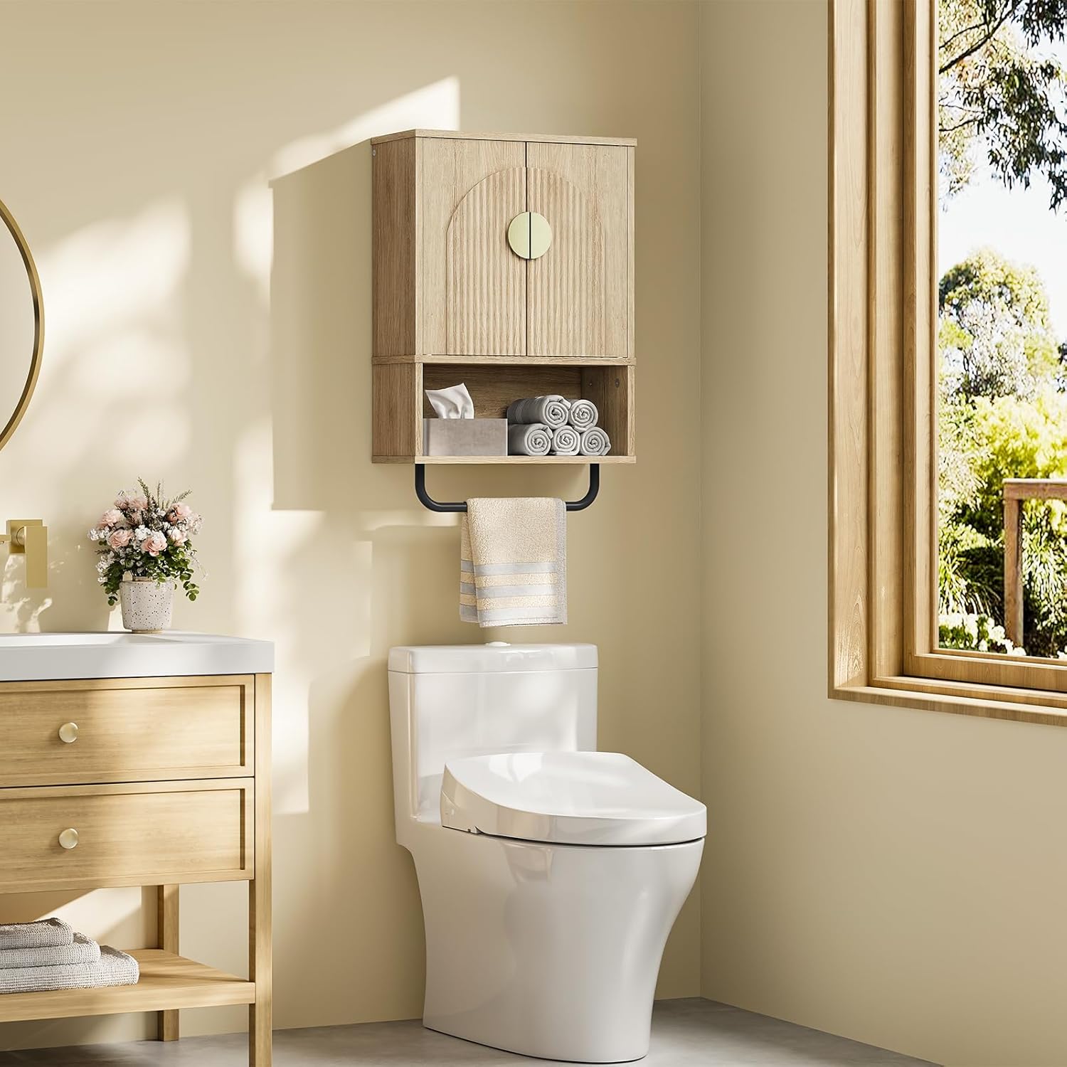 Bathroom Wall Cabinet, Medicine Cabinet for Bathroom, Wall Mounted Bathroom Cabinet with Towel Bar, Fluted Doors, Wall Cabinet for Bathroom, Kitchen, Living Room, Natural Oak and Gold