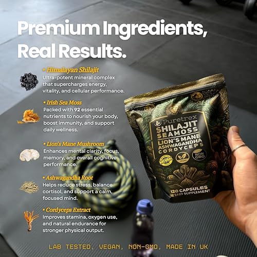Miniatura 4 de Cápsulas Shilajit Seamoss con melena de león, Ashwagandha y Cordyceps - 120 cápsulas veganas para energía, concentración y bienestar