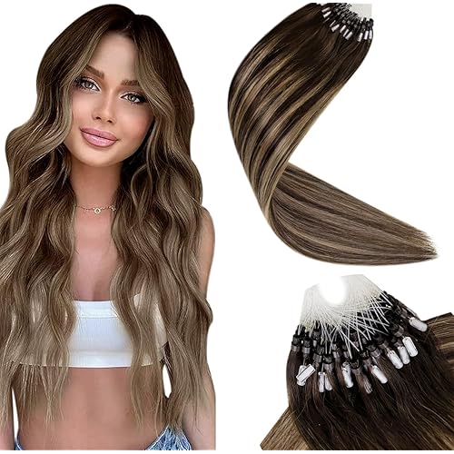 LaaVoo Micro Ring Hair Extensions Balayage Brown to Caramel Brown Mix Dark Brown Micro Beads Hair Extensions for Short Hair 14in 50g 50s
