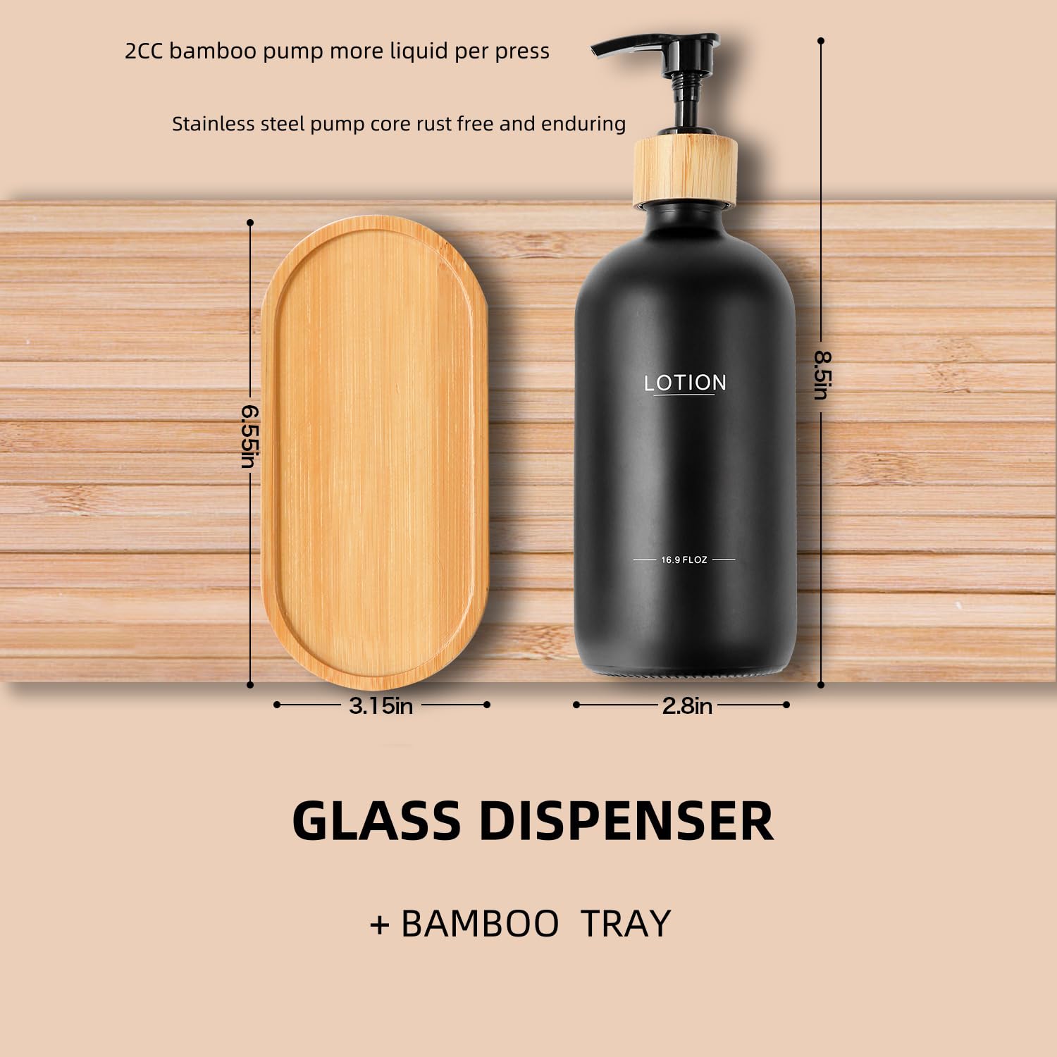 Juego de dispensador de jabón Negro, Bombas y Bandeja de bambú, Juego de dispensador de jabón de Manos y loción Adecuado para decoración de encimera de baño (Negro)