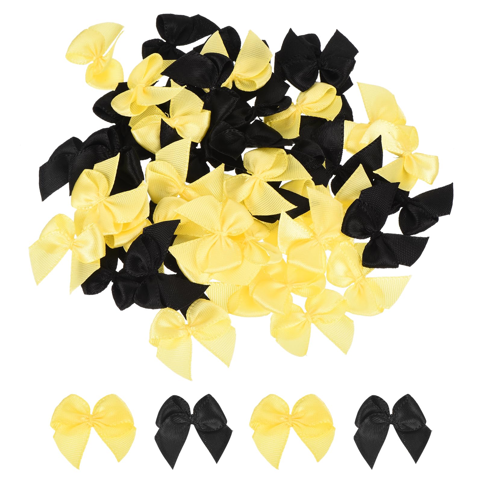 sourcing map 50Pcs Mini Ribbon Bow 1" Mini Fabric Satin Ribbon Flower Bows for Craft DIY Sewing Wedding Birthday Party Black & Yellow