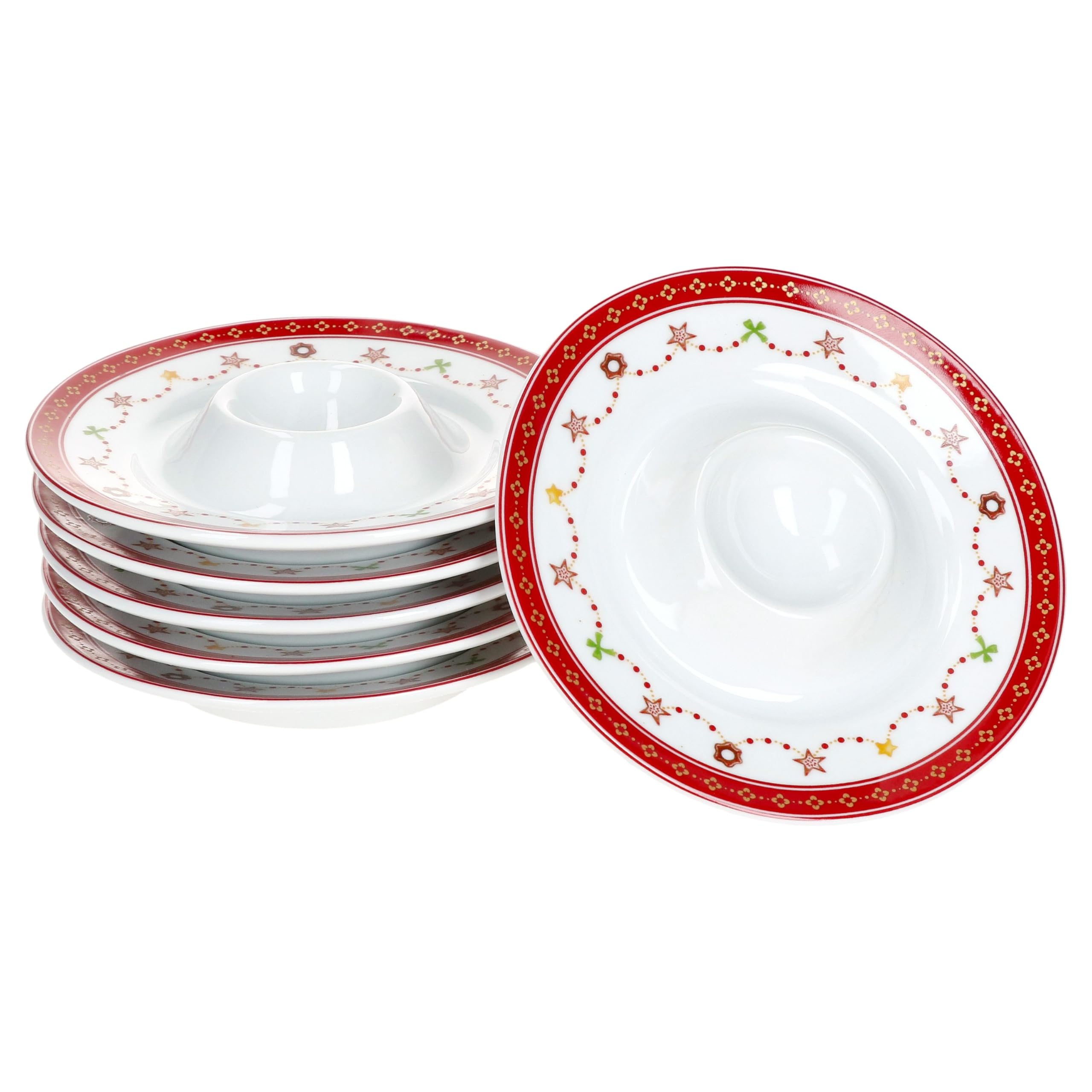 MamboCat Lot de 6 coquetiers en porcelaine avec plateau I Ø 13,3 cm I Coquetiers ronds en porcelaine avec décor de Noël pour l'œuf du petit déjeuner I 6 personnes