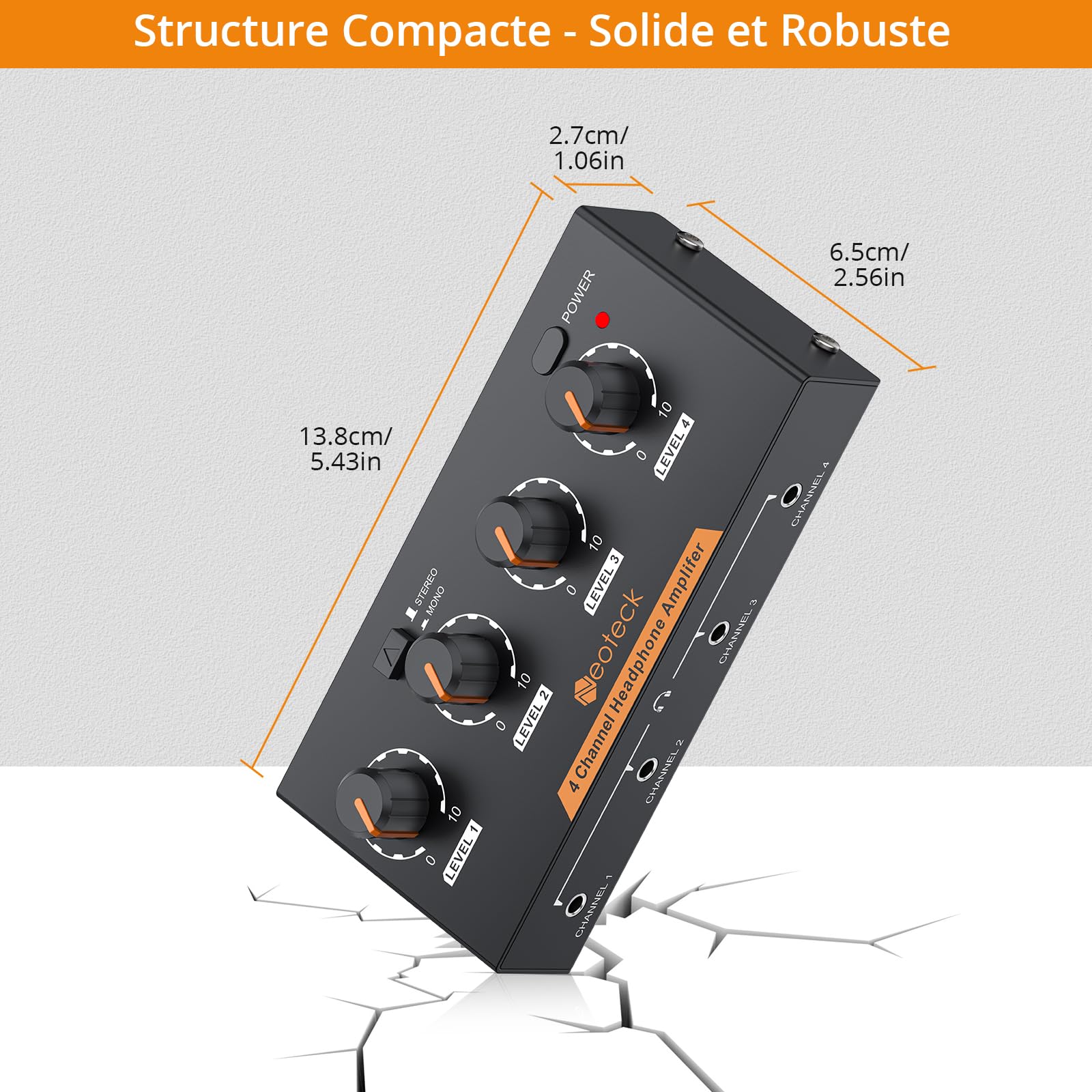 Neoteck Amplificateur de Casque Stéréo à 4 Canaux avec Commandes de Volume Amplificateur Audio en Métal Mono/Stéréo à 4 Canaux avec Câble Audio de 3,5 Mm pour Petits Groupes Club Bar Stage Mixer