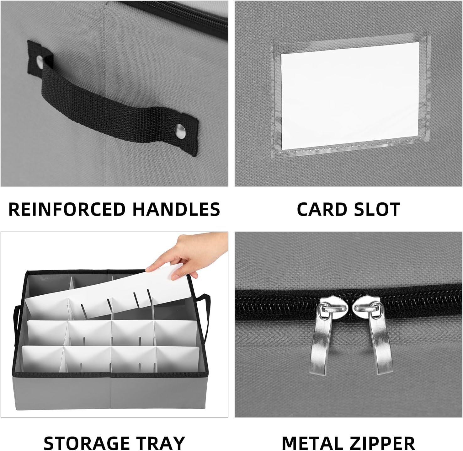 JY COOKMENT Christmas Ornament Storage Box with Adjustable Dividers, Premium Holiday Ornaments Storage Container Bin with Zippered Top for Xmas Decorations (64-3" Balls, Gray, With Tray) - Image 3