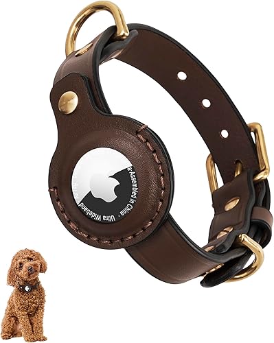 Jowlroel AirTag Collar de perro  Collar de perro de cuero 100% genuino con soporte Apple AirTag, adecuado para perros y gatos pequeños, marrón, XS,