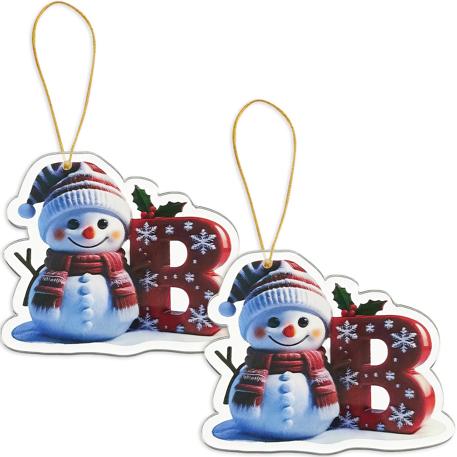 FAMINESS 2PCS 2D Acrylic Letter B Snowman Christmas Ornaments - 26 Alphabet Tree Decorations Hanging Ornaments for Party Gifts
