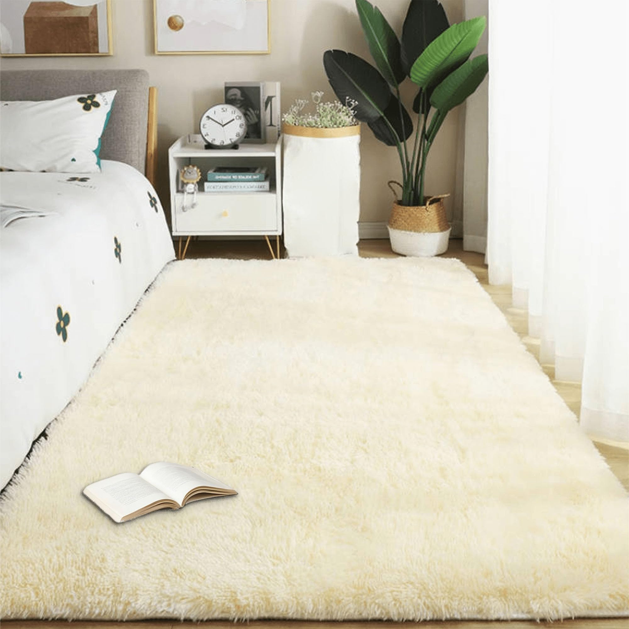 Tapis de salon shaggy moderne crème 190x270 cm long et lavable