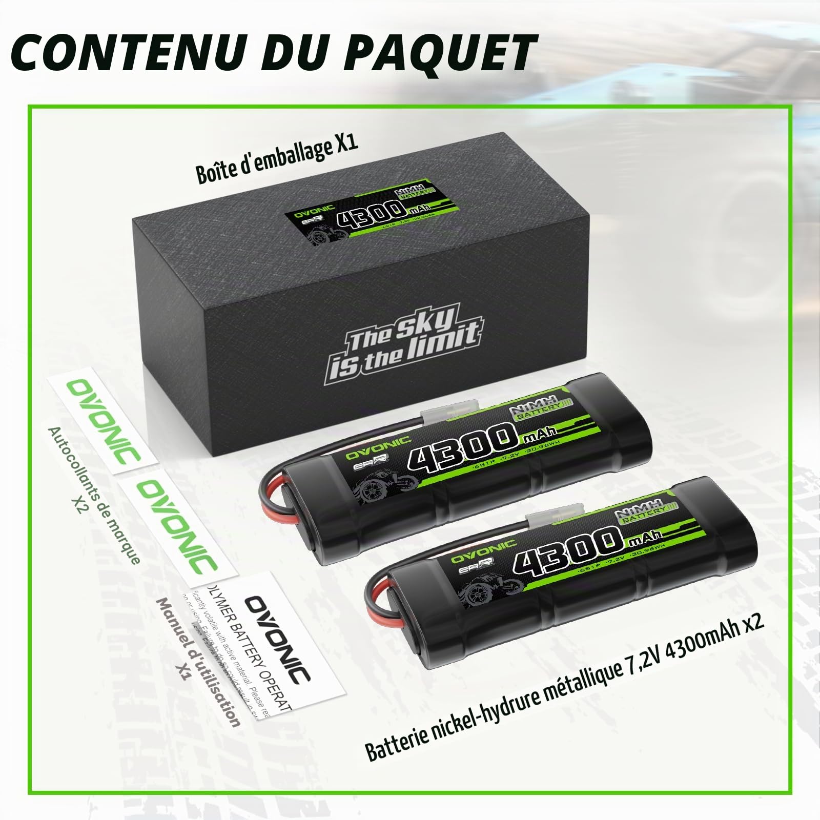 OVONIC Batterie NiMH RC 7,2 V 4300 mAh avec connecteur TMY pour voiture RC Truck Truggy